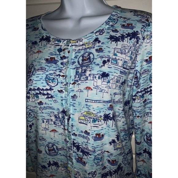 TALBOTS Sz ?? (See Meas) Blue Boating Scene Cotton Button Front Cardigan EUC - Picture 1 of 10
